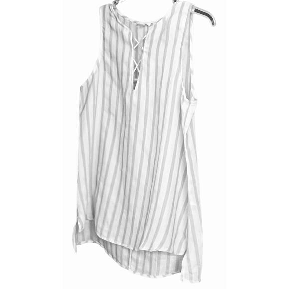 ENTRO SLEEVELESS V-NECK TUNIC STYLE BLOUSE, WOMENS, M, WHITE & GREY STRIPES - Picture 3 of 9